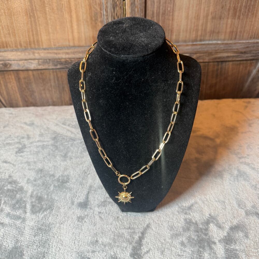 Gold Tone Paperclip Chain Necklace Sunburst Pendant Celestial Adjustable